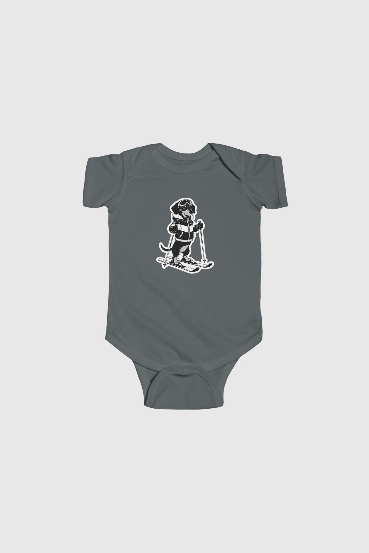 Light blue baby bodysuit with cute skiing black labrador print, snap closure