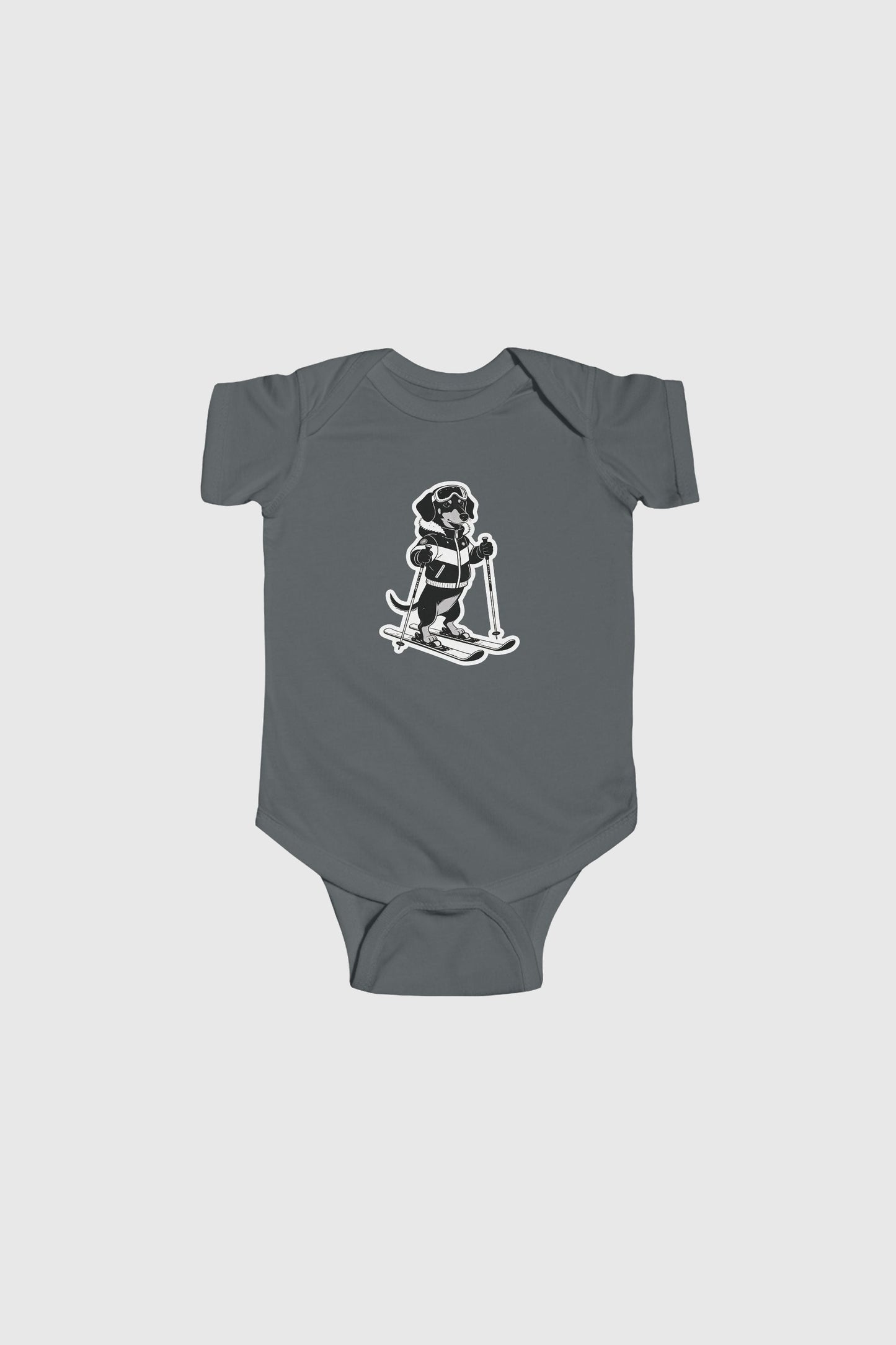 Light blue baby bodysuit with cute skiing black labrador print, snap closure