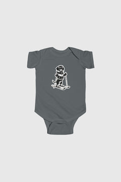 Light blue baby bodysuit with cute skiing black labrador print, snap closure