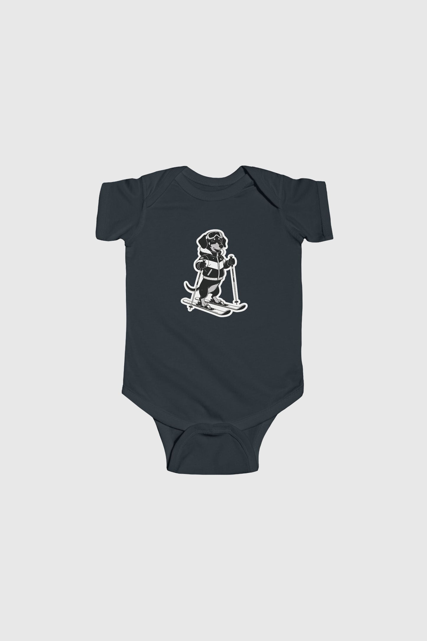 Baby wearing light blue skiing black labrador bodysuit