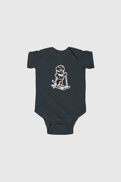Baby wearing light blue skiing black labrador bodysuit