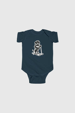 Lavender baby bodysuit with cute skiing black labrador print, snap closure
