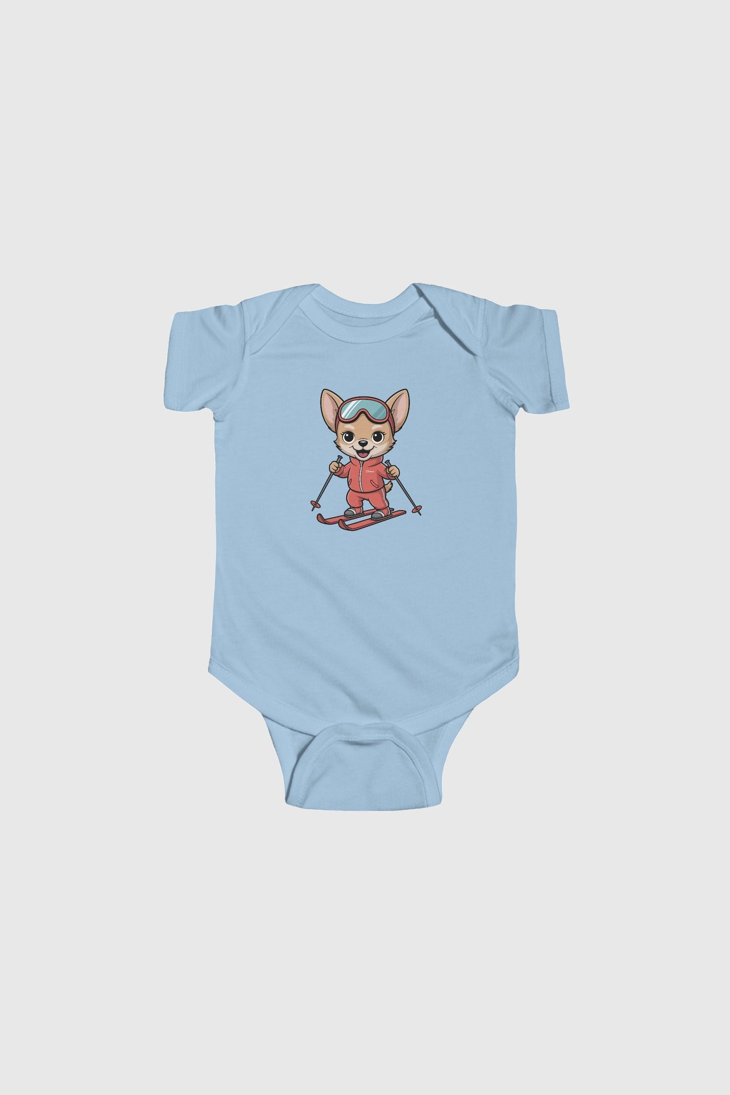 Yellow baby bodysuit with cute skiing chihuahua print, snap closure
