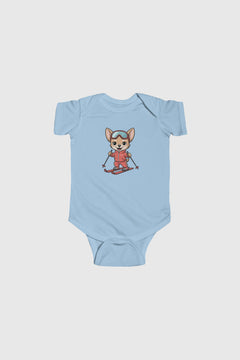 Yellow baby bodysuit with cute skiing chihuahua print, snap closure
