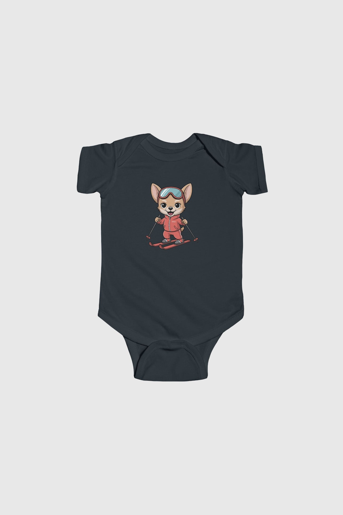 Baby wearing yellow skiing chihuahua bodysuit