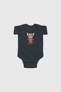Baby wearing yellow skiing chihuahua bodysuit