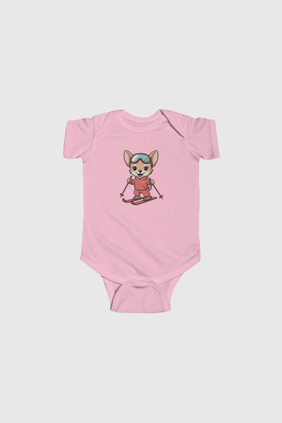 Light blue baby bodysuit with cute skiing chihuahua print, snap closure