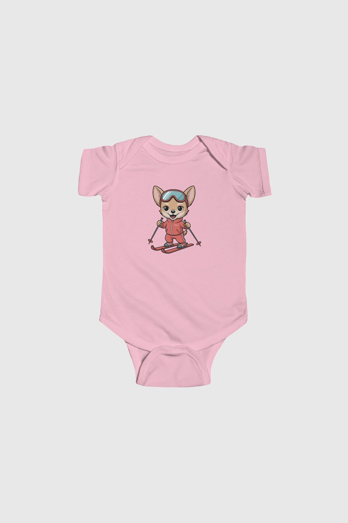 Light blue baby bodysuit with cute skiing chihuahua print, snap closure