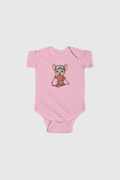 Light blue baby bodysuit with cute skiing chihuahua print, snap closure