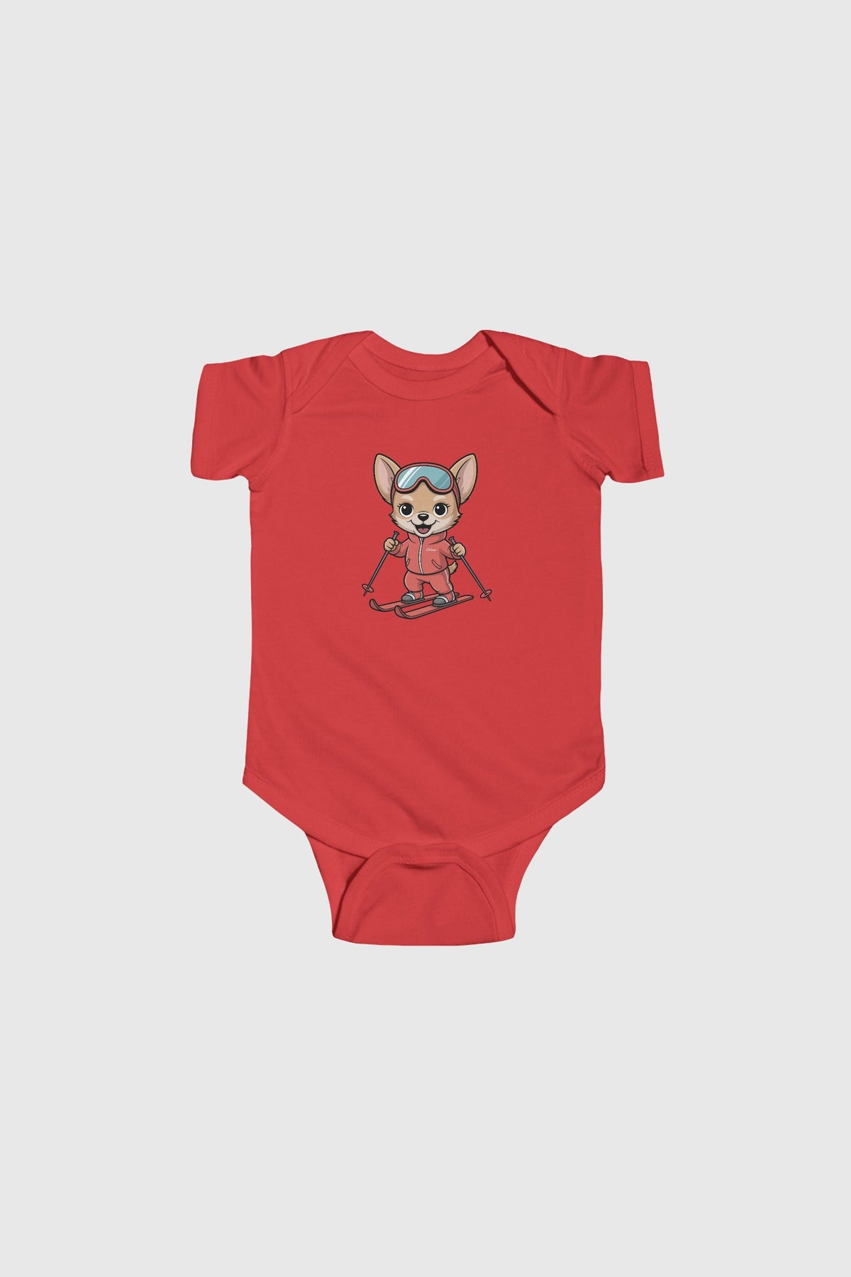 Baby wearing light blue skiing chihuahua bodysuit
