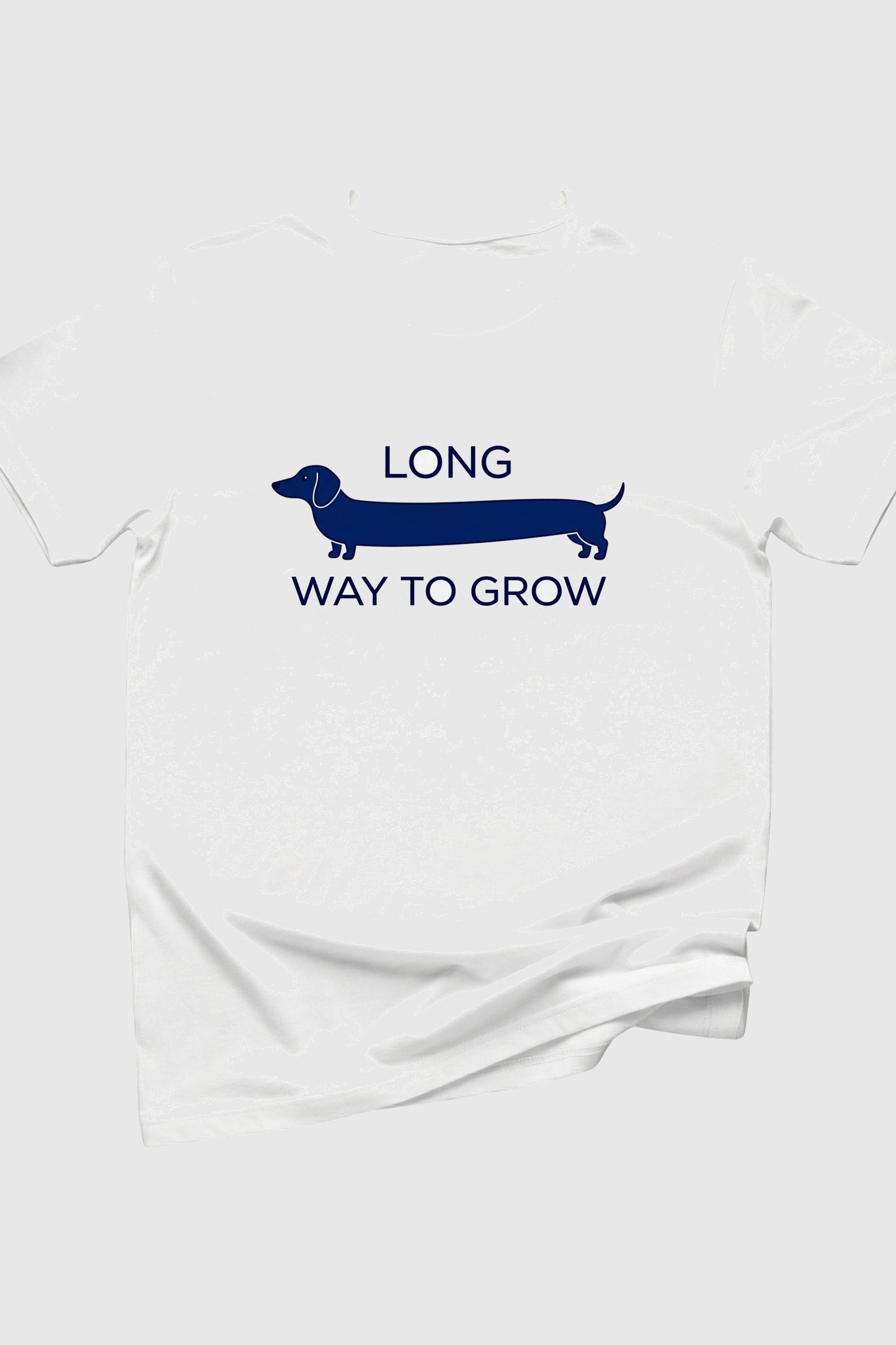 Long Way to Grow dachshund print close-up on white t-shirt