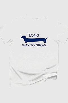Long Way to Grow dachshund print close-up on white t-shirt