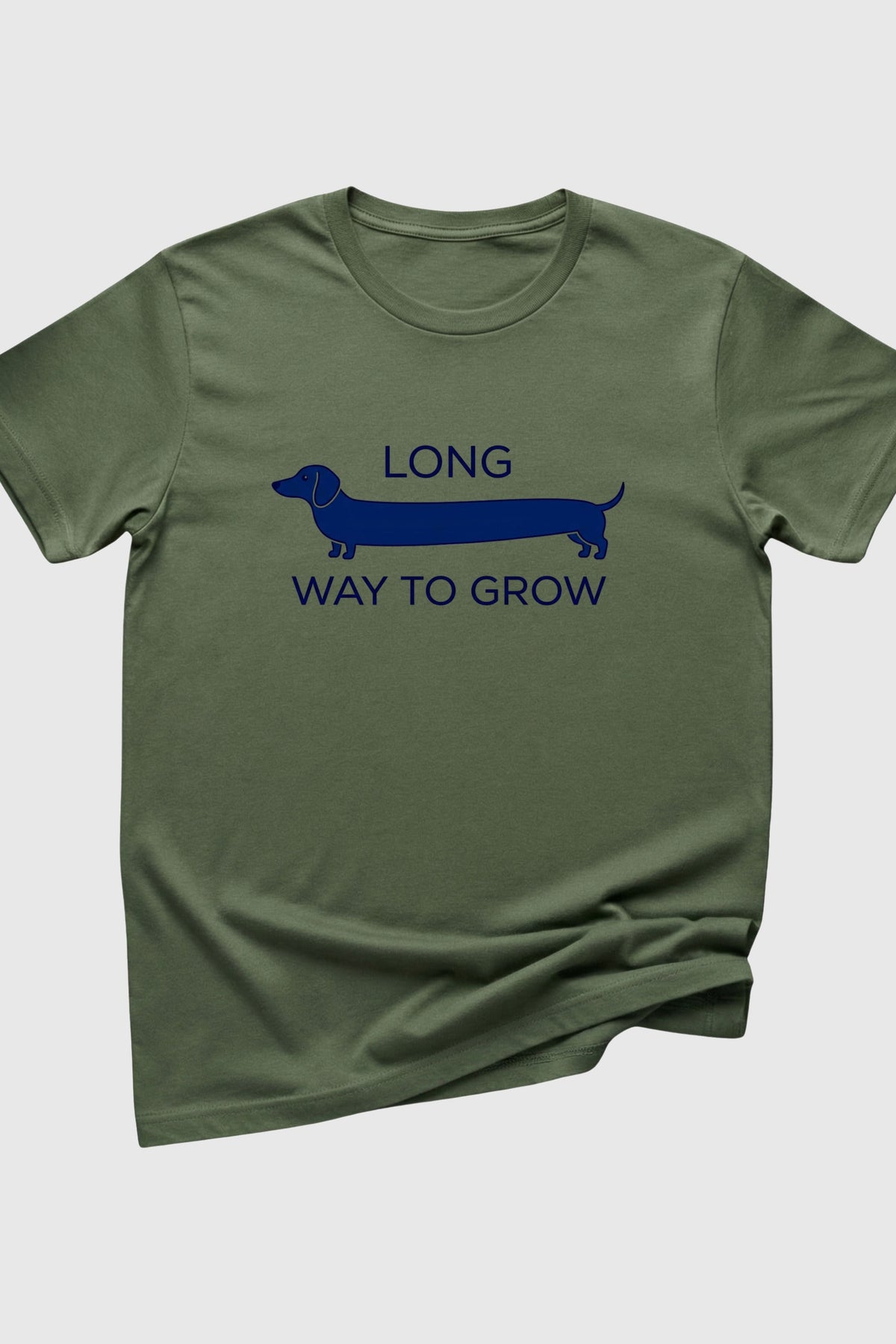 Black t-shirt with Long Way to Grow dachshund print, unisex crew neck