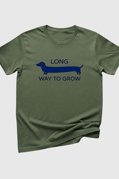 Black t-shirt with Long Way to Grow dachshund print, unisex crew neck