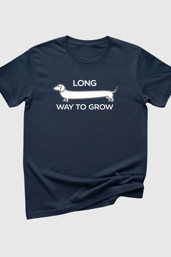 Woman wearing black Long Way to Grow dachshund t-shirt