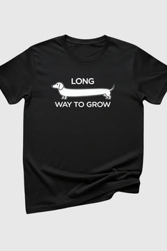 Woman wearing heather gray Long Way to Grow dachshund t-shirt