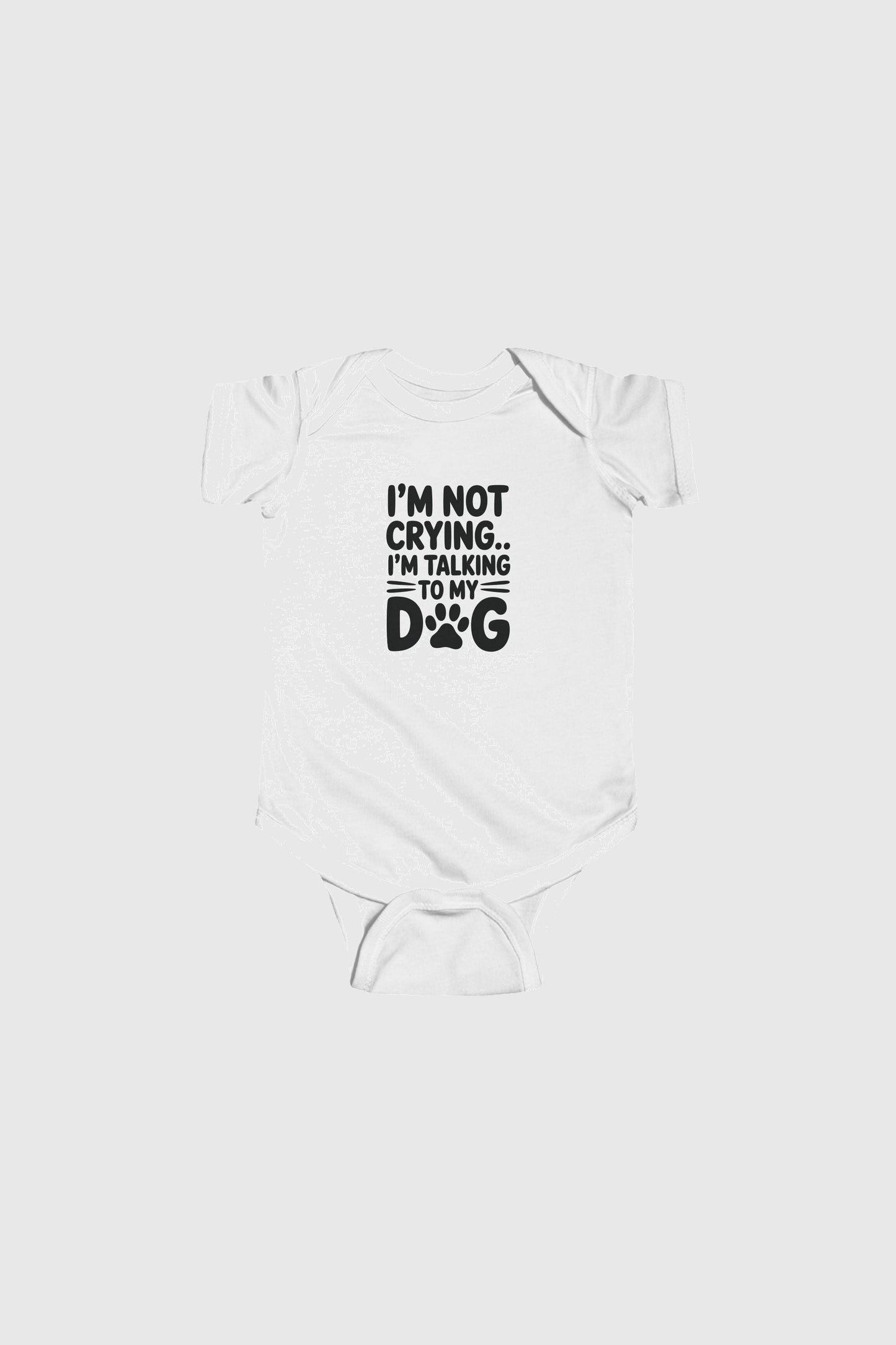 Light blue baby bodysuit with I'm Talking to My Dog print, snap closure