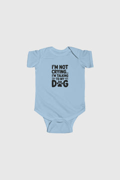 Yellow baby bodysuit with I'm Talking to My Dog print, snap closure