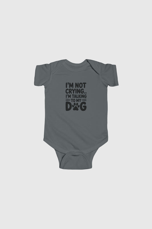 Baby wearing pink I'm Talking to My Dog bodysuit