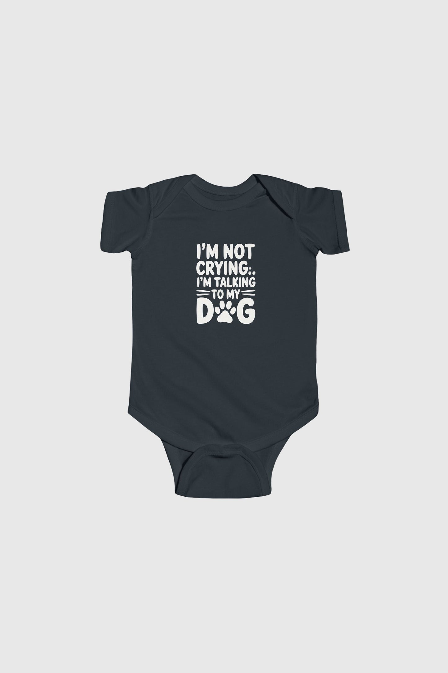 Baby wearing yellow I'm Talking to My Dog bodysuit