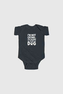 Baby wearing yellow I'm Talking to My Dog bodysuit