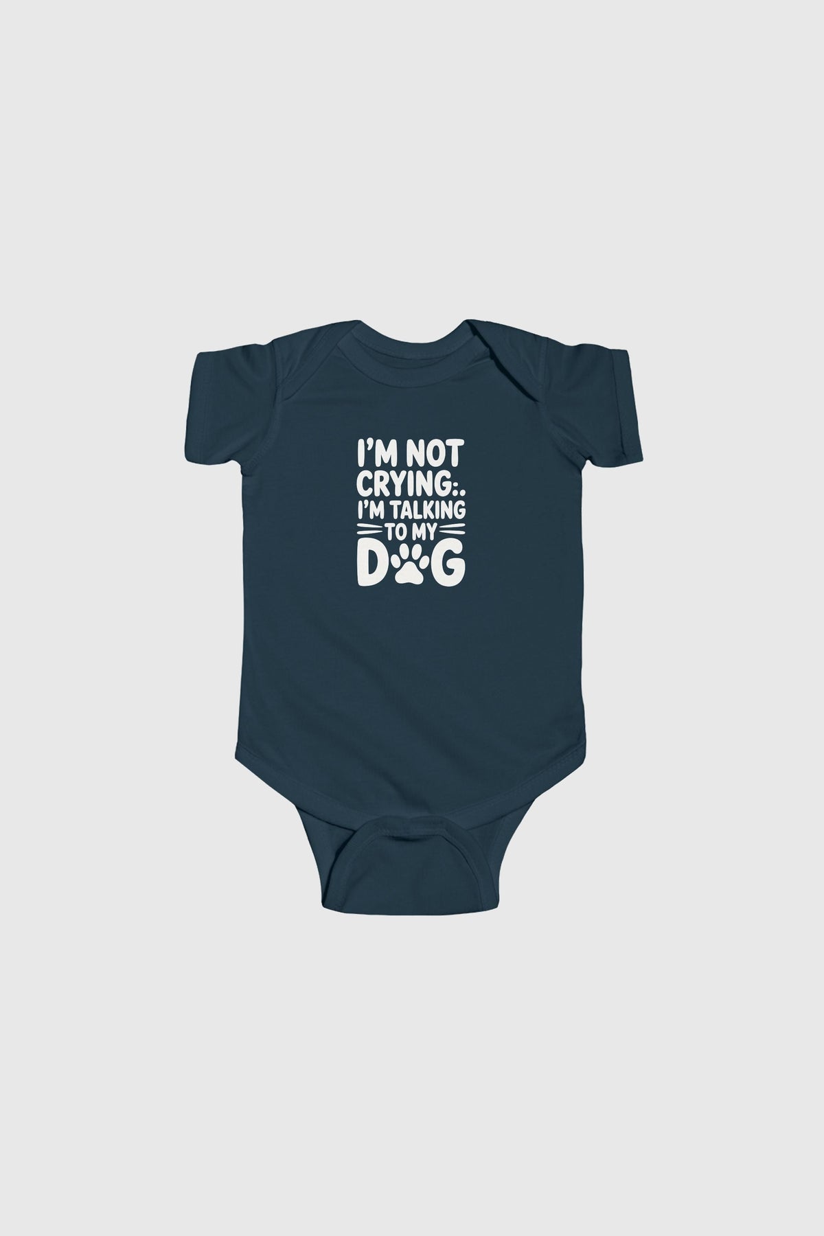 Baby wearing light blue I'm Talking to My Dog bodysuit