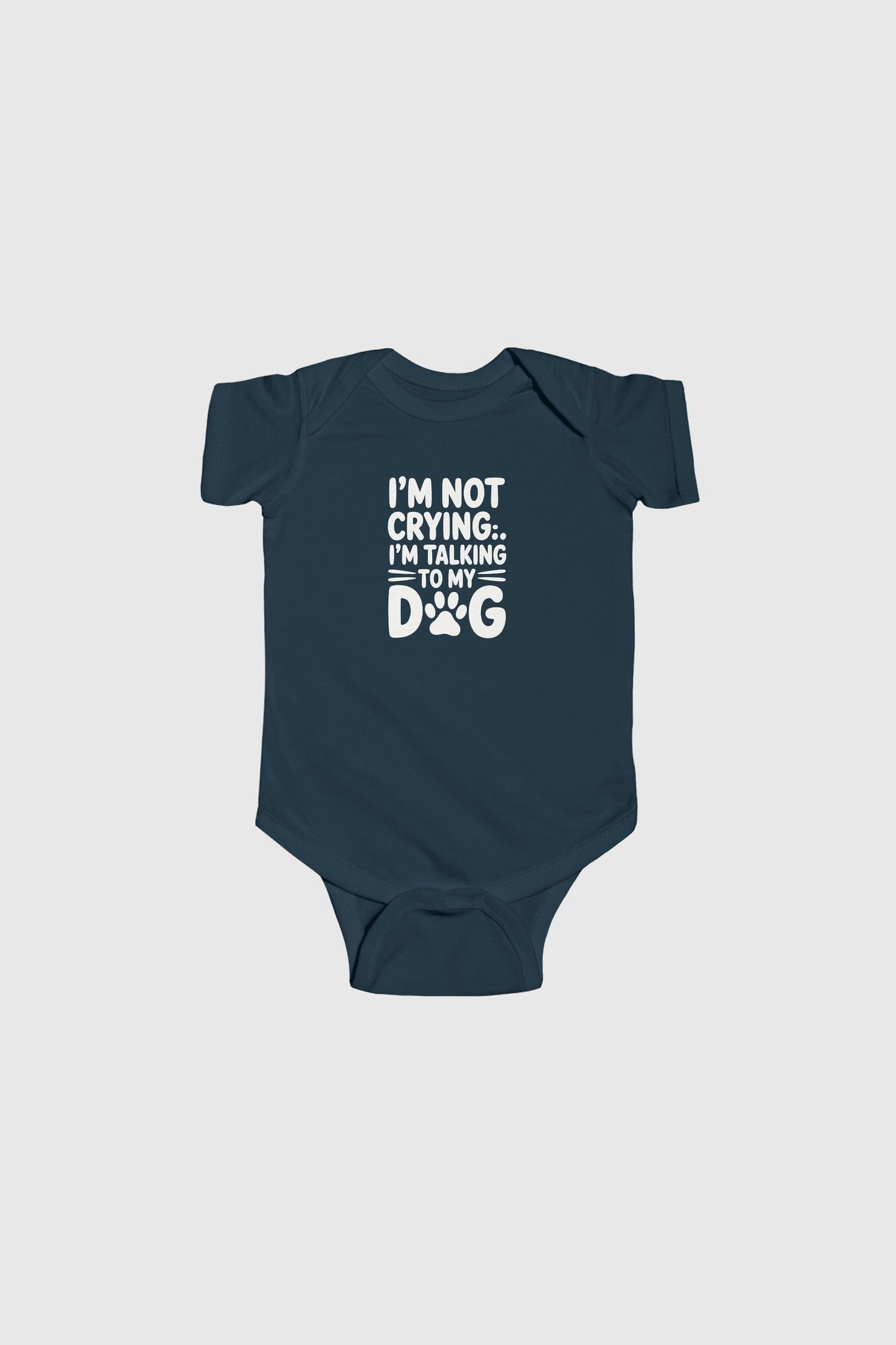 Baby wearing light blue I'm Talking to My Dog bodysuit