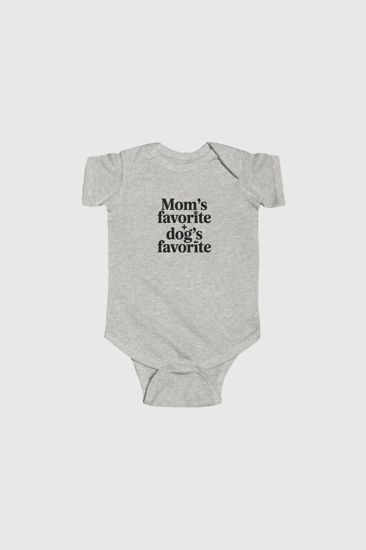 Yellow baby bodysuit with Mom's Favorite Dog's Favorite print, snap closure