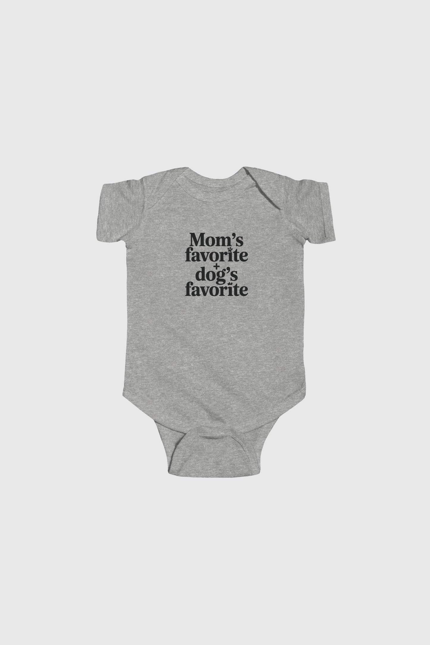 Baby wearing yellow Mom's Favorite Dog's Favorite bodysuit