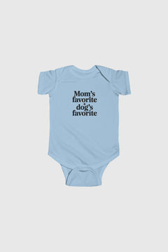Light blue baby bodysuit with Mom's Favorite Dog's Favorite print, snap closure