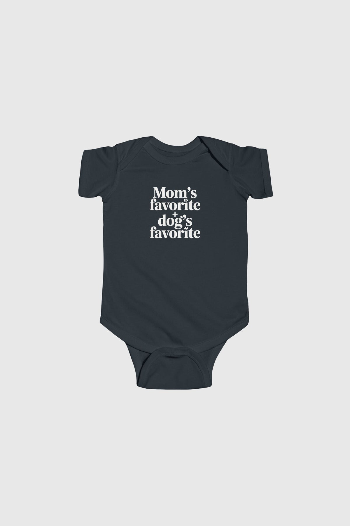 Lavender baby bodysuit with Mom's Favorite Dog's Favorite print, snap closure