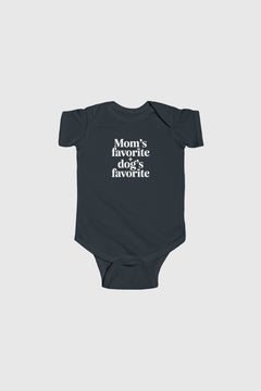 Lavender baby bodysuit with Mom's Favorite Dog's Favorite print, snap closure