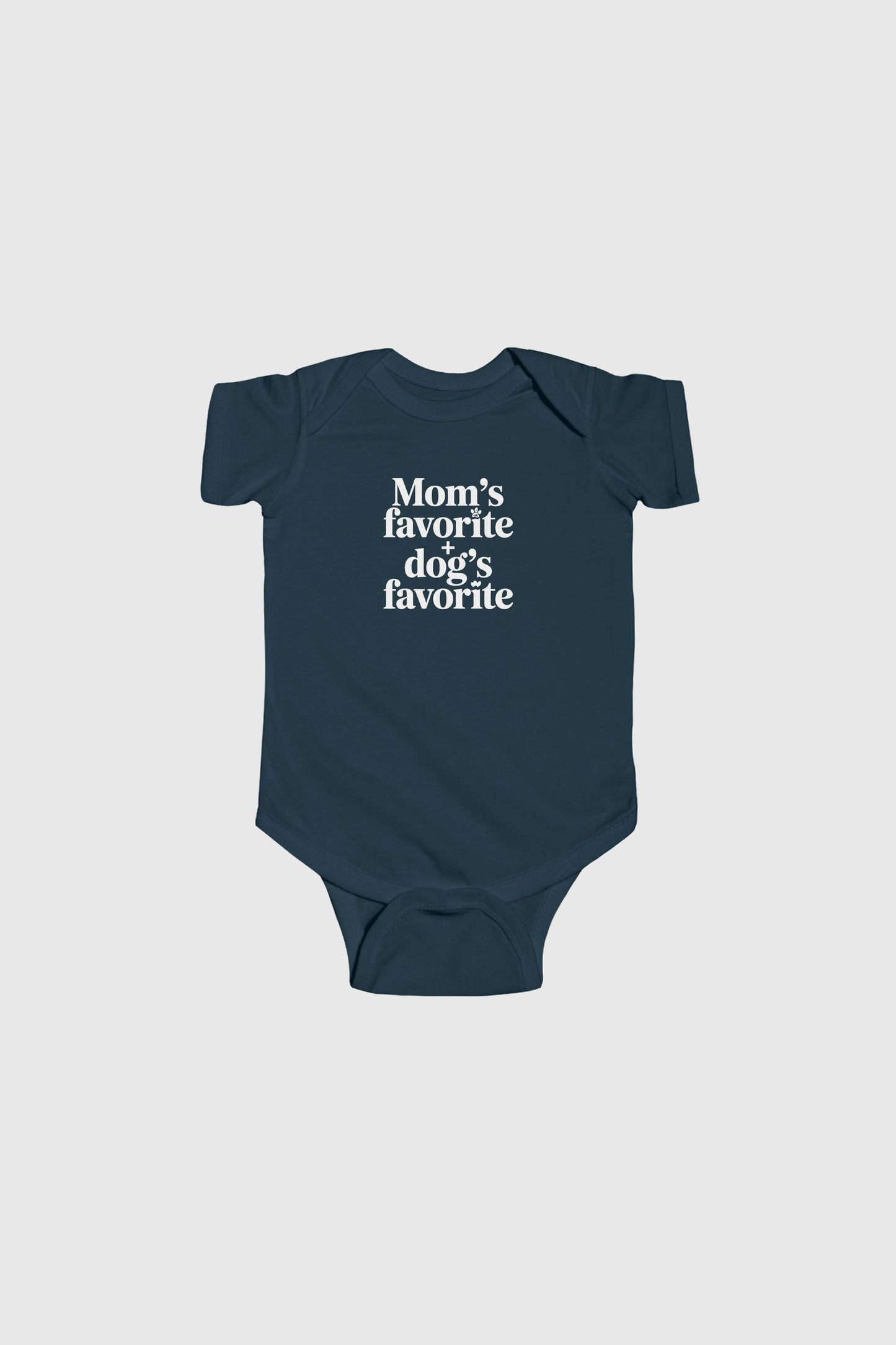 Baby wearing lavender Mom's Favorite Dog's Favorite bodysuit