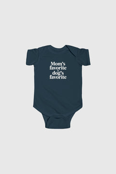 Baby wearing lavender Mom's Favorite Dog's Favorite bodysuit
