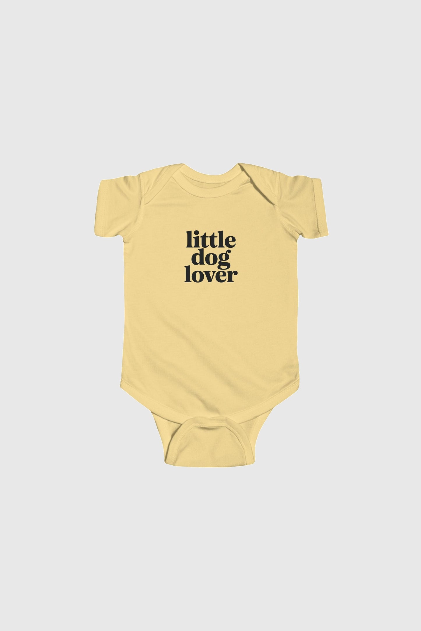 Yellow baby bodysuit with Little Dog Lover print, snap closure
