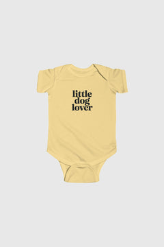 Yellow baby bodysuit with Little Dog Lover print, snap closure
