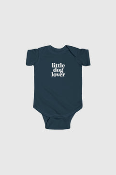Lavender baby bodysuit with Little Dog Lover print, snap closure