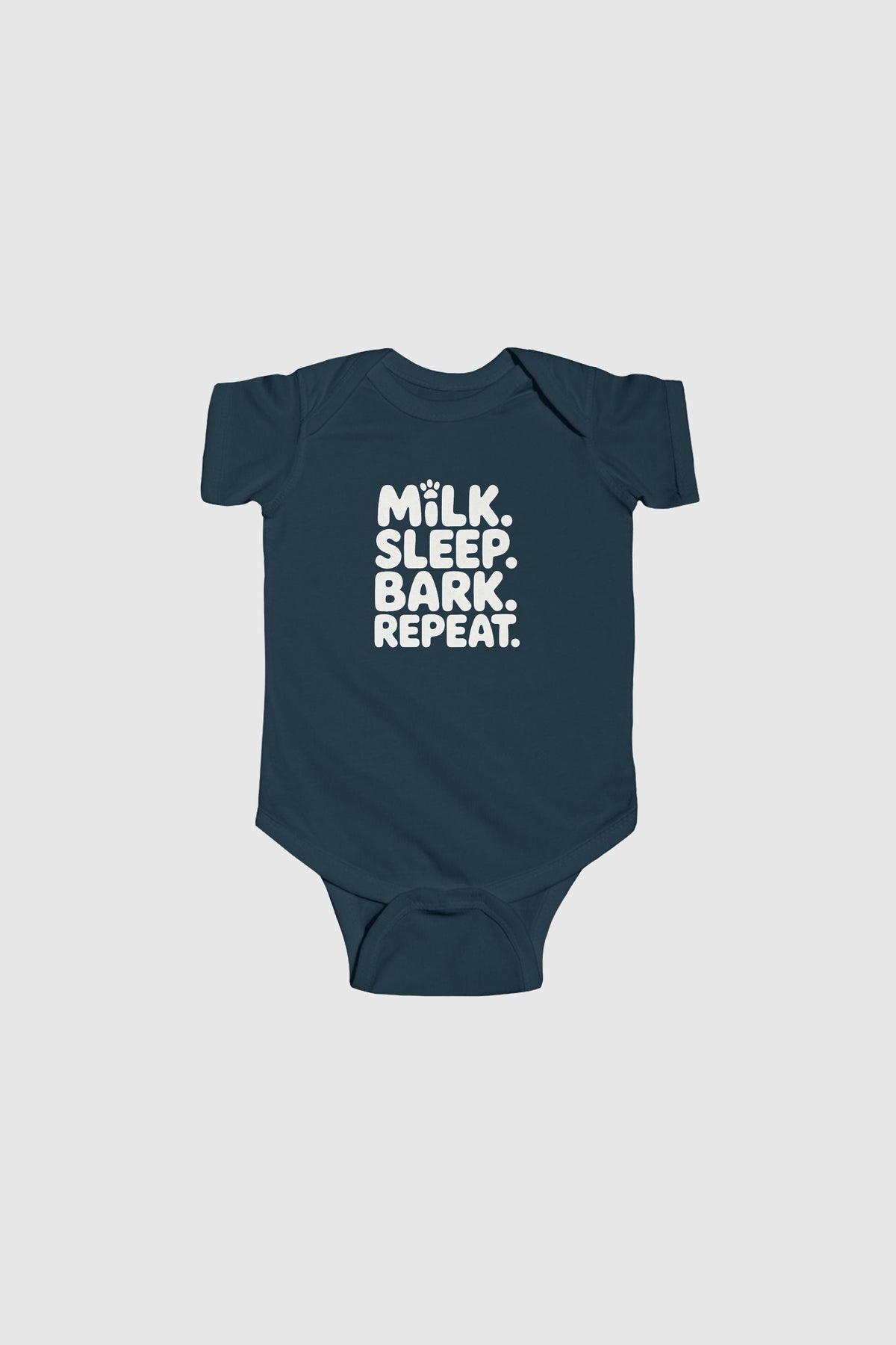 Yellow baby bodysuit with Milk Sleep Bark Repeat dog print, snap closure