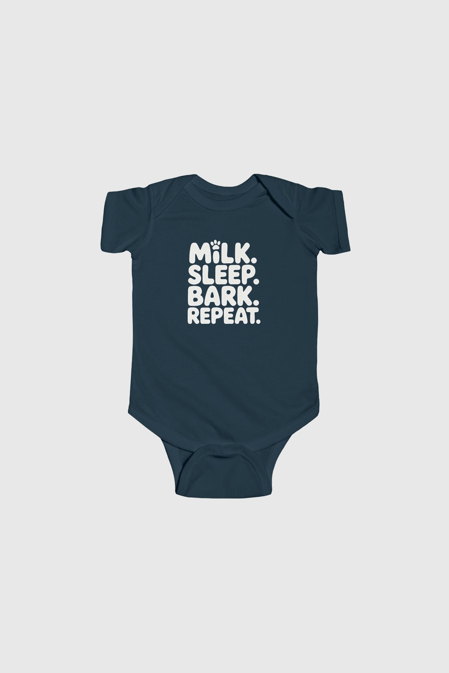 Yellow baby bodysuit with Milk Sleep Bark Repeat dog print, snap closure