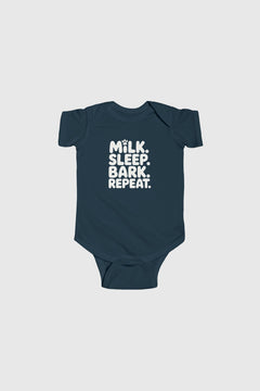 Yellow baby bodysuit with Milk Sleep Bark Repeat dog print, snap closure