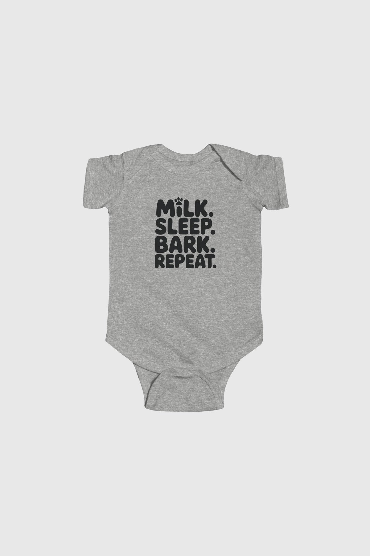 Light blue baby bodysuit with Milk Sleep Bark Repeat dog print, snap closure