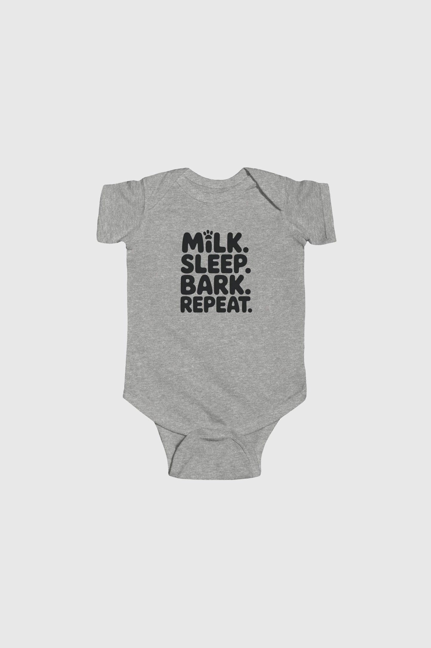 Light blue baby bodysuit with Milk Sleep Bark Repeat dog print, snap closure