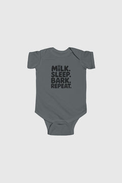 Lavender baby bodysuit with Milk Sleep Bark Repeat dog print, snap closure