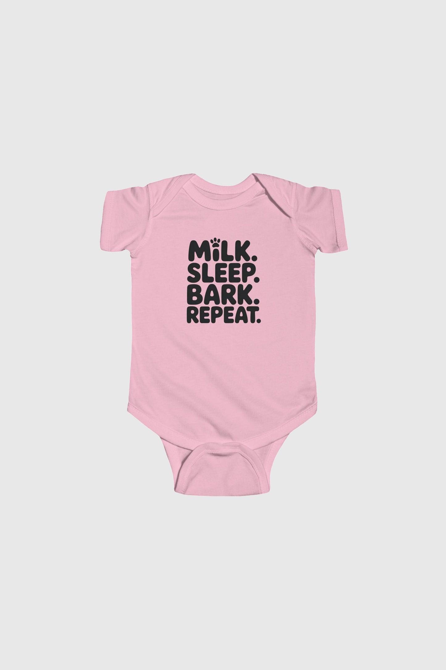 Baby wearing lavender Milk Sleep Bark Repeat bodysuit