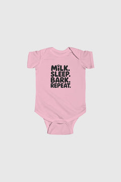 Baby wearing lavender Milk Sleep Bark Repeat bodysuit