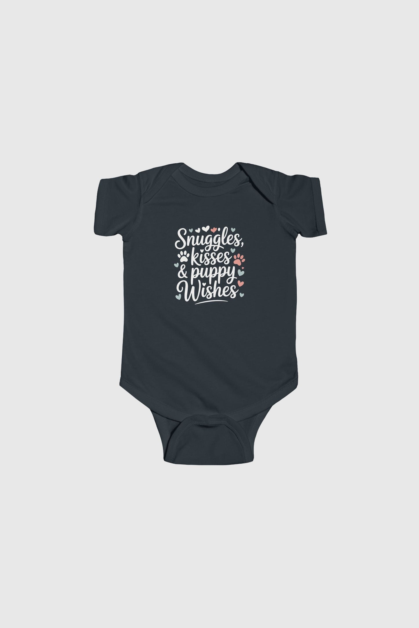 Yellow baby bodysuit with Snuggles Kisses Puppy Wishes print, snap closure