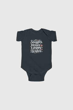 Yellow baby bodysuit with Snuggles Kisses Puppy Wishes print, snap closure