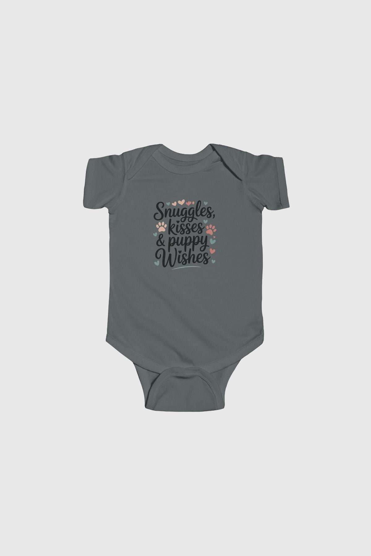 Light blue baby bodysuit with Snuggles Kisses Puppy Wishes print, snap closure