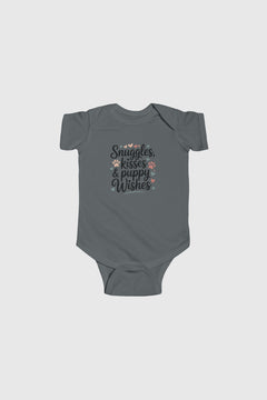 Light blue baby bodysuit with Snuggles Kisses Puppy Wishes print, snap closure