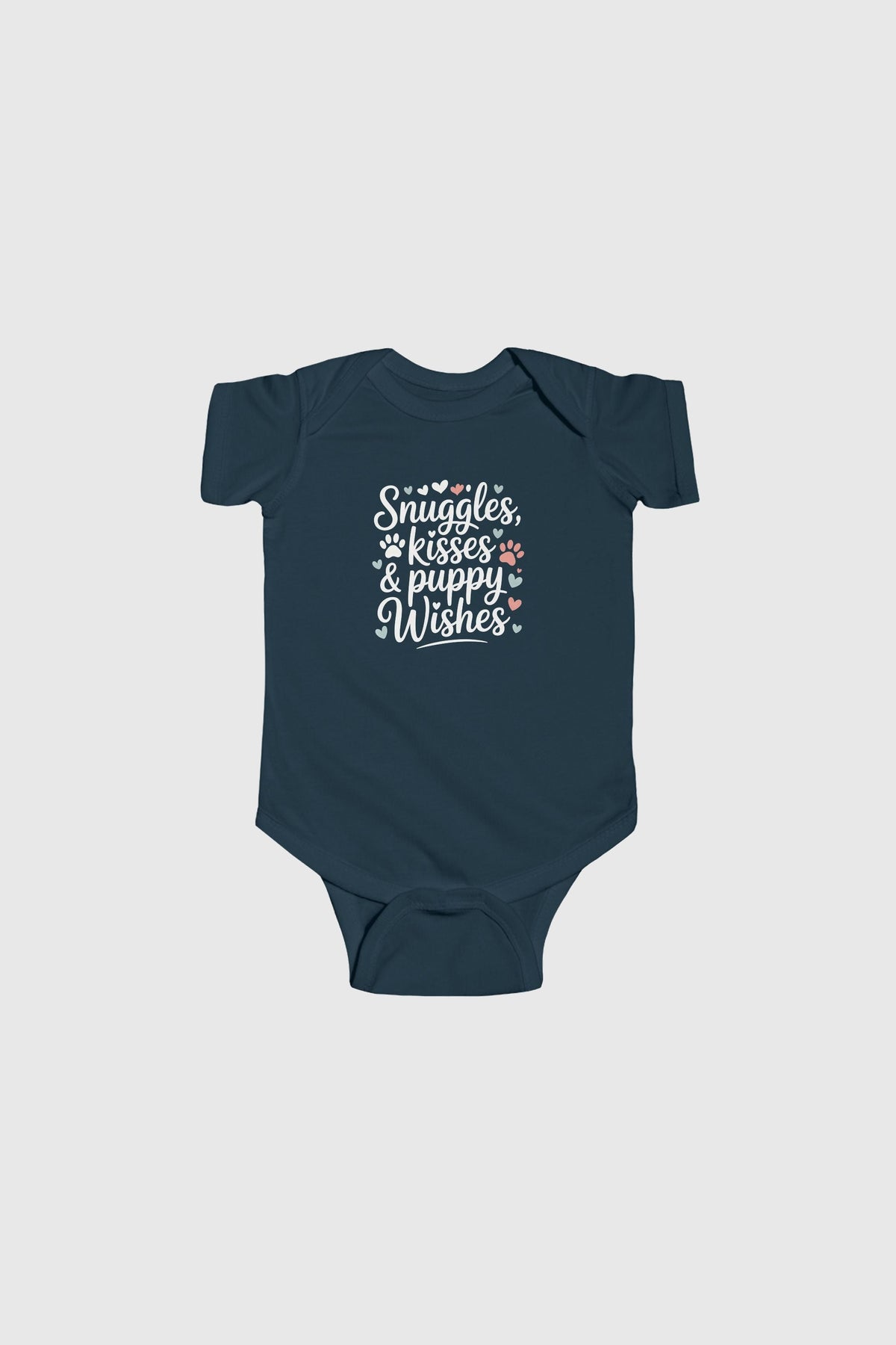 Baby wearing light blue Snuggles Kisses Puppy Wishes bodysuit